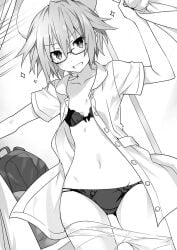 bare_belly belly_button black_and_white black_underwear blush bra date_a_live glasses honjou_nia novel_illustration nurse_uniform official_art open_mouth panties short_hair small_breasts smile thighhighs thighs tsunako underwear