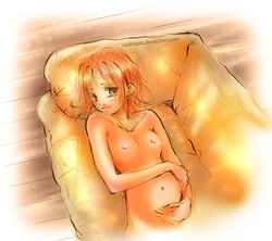 artist_request breasts color couch female female_only human lying nami_(one_piece) nipples nude on_back one_piece orange_hair pre-timeskip pregnant solo tagme