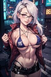 abdomen abdominals abs ai_generated anime anime_style belly_button big_breasts bikini bikini_top bikini_top_only bra breasts building cars city city_background cityscape clavicle collarbone criss-cross_halter eyes female female_focus female_only fingers firm_breasts glasses glasses_on_face glasses_only hair hd hd_(traditional) helluva_boss high_resolution highres horny horny_female hourglass_figure human human_only jacket jacket_open light light_body light_skin lighting lips long_hair loona_(helluva_boss) miniskirt navel neck neon neon_lights night night_sky nose open_eyes pierced_ears piercings red_eyes round_breasts seductive seductive_look seductive_mouth seductive_pose seductive_smile shadow shiny_hair side_look sideboob silver_hair skirt sky4maleja sleeveless smile smiley_face straight_hair street thighs thong thong_straps underboob underwear waist