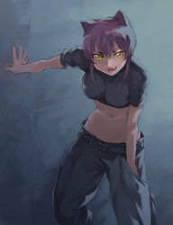 babydoll_t-shirt baggy_pants cargo_pants clothing crop_top deyuuku fangs glowing glowing_eyes kaibutsu_oujo low-riding midriff monster_princess princess_resurrection purple_hair riza_wildman short_hair yellow_eyes