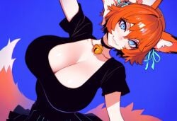 :3 ai_generated animal_ears animal_tail arcadiasofka black_shirt blue_eyes blush cleavage collar collarbone huge_breasts jingle_bell looking_at_viewer orange_hair original_character short_hair shoulder_length_hair simple_background skirt