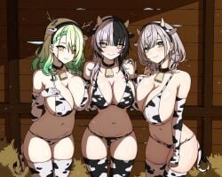 3girls antlers barn bikini black_hair blue_eyes breast_press breasts ceres_fauna ceres_fauna_(goth_costume) cleavage collar cow_ears cow_horns cow_print cow_print_armwear cow_print_bikini cow_print_legwear cow_print_thighhighs cow_tail cowbell dayyo_(daydarion/day-chan) fake_animal_ears fake_tail female female_only gradient_eyes green_eyes green_hair hololive hololive_english hololive_english_-advent- hololive_english_-council- hololive_english_-promise- hololive_fantasy hololive_japan horns hucow huge_breasts looking_at_viewer midriff multiple_girls navel shiori_novella shirogane_noel silver_hair smile swimsuit thick_thighs virtual_youtuber white_hair wide_hips yellow_eyes