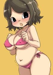 1girls 2024 animal_crossing big_breasts bikini blush brown_hair chubby chubby_female embarrassed erect_nipples muramasa_mikado murana_(muramasa_mikado) nintendo only_player short_hair solo solo_female tagme thick_thighs villager_(animal_crossing)