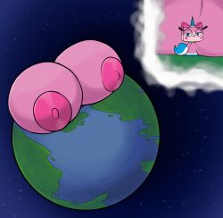 1girls astronomical_breasts astronomical_hyper big_areola blush_stickers breasts_bigger_than_planet continental earth felid feline half-closed_eyes hi_res hyper hyper_breasts lego one_horn pink_body planet planetary smug space space_background the_lego_movie unikitty unowo zoom_in zoomed_view