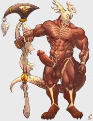 1_eye abs amoyy0118 balls bone demon digital_drawing_(artwork) digital_media_(artwork) erection genitals glans hi_res horn male melee_weapon muscular muscular_male nipples penis polearm red_body ring scythe skull skull_head solo standing tail teeth weapon