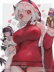 angel azazel_(helltaker) christmas demon demon_girl demon_horns demon_tail helltaker modeus_(helltaker) noah_(artist) noaharbre panties red_eyes sweater tagme white_hair