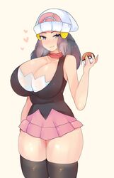 1girls aged_up alternate_breast_size armpits artist_request beanie big_breasts blue_eyes blue_hair blush breasts cleavage clothed clothing dawn_(pokemon) dress eye_contact eyes_visible_through_hair female female_only half-closed_eyes hat heart heavy_breathing holding_poke_ball human human_only long_hair looking_at_viewer nintendo poke_ball pokemon pokemon_dppt scarf simple_background skirt smile solo source_request standing steam steamy_breath stockings thick_thighs thighhighs thighs wide_hips