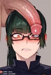 1boy 1girls ai_generated big_penis brown_eyes female glasses green_hair huge_cock jujutsu_kaisen large_penis light-skinned_male male penis penis_on_head penis_worship school_uniform straight suprised_look waffle_chan zenin_maki