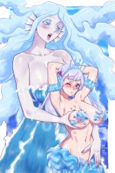 2girls areolae armpits big_breasts black_clover female female_only grabbing_breasts grabbing_from_behind hito_clover huge_breasts lipstick mermaid multiple_girls nipples noelle_(mermaid_form) noelle_silva purple_hair pussy_juice pussy_juice_drip silver_hair toned_female undine_(black_clover) yuri