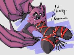 absurd_res agatha_(noirchaton4) anthro bat big_ears biped black_body black_fur blush blush_lines bob_cut bondage bondage bound bow_ribbon breasts christmas_present claws collar female finger_claws fur furrowed_brow genitals gift hair hands_behind_head hi_res looking_away lying mammal membrane_(anatomy) membranous_wings merry_christmas navel neck_tuft noirchaton4 on_back purple_body purple_hair purple_skin pussy restrained_legs ribbon_bondage ribbons short_hair slim_anthro slim_female small_breasts solo spiked_collar spikes spread_legs spreading thick_thighs toe_claws tuft winged_arms wings