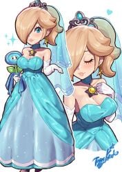 1girls blonde_hair blue_eyes breasts bridal_gown bridal_veil female female_only ice_flower mario_(series) nintendo princess_peach_(cosplay) princess_rosalina solo super_mario_galaxy super_mario_odyssey wedding_peach_(super_mario_odyssey)_(cosplay) yamino_ekakinin