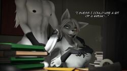 1boy 1girls 3d_(artwork) absurd_res alba_(domibun) anthro canid canine digital_media_(artwork) distracted domibun duo female fox glasses hand_on_penis hand_on_shoulder hi_res holding_penis leon_(domibun) male mammal naked_male precum source_filmmaker white_fur