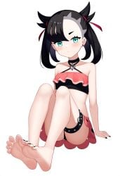 1girls ai_generated aqua_eyes barefoot bikini black_hair black_nails choker female light-skinned light-skinned_female marnie_(pokemon) nai_diffusion nail_polish pokemon pokemon_masters pokemon_ss summer_marnie_(pokemon_masters) swimsuit white_background