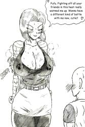 1boy 1girls android_18 bald bald_man big_breasts blush breasts cleavage clothed_female clothed_male dialogue dragon_ball_z female horny_female krillin kuririn male sweaty_body thewritefiction