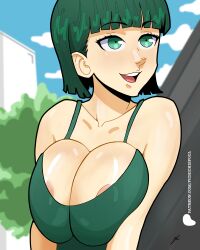 big_breasts fubuki_(one-punch_man) green_eyes green_hair nipples_visible_through_clothing one-punch_man pichichi smile smiling