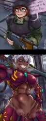 1boy 1girls abs absurd_res aeldari armor astra_militarum brown_hair clitoral_hood clitoris dark-skinned_female dark_skin dialogue dire_avengers drunkrembrancer eldar english_text female green_eyes guardsman_(warhammer_40k) gun gyaru_eldar_(drunkrembrancer) helmet hi_res imperial_guard imperium_of_man lasgun navel pussy shaved_pussy short_hair speech_bubble sword taller_female text warhammer_(franchise) warhammer_40k white_hair