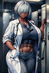 1girls abs ai_generated bangs bangs_over_eyes big_breasts bimbo bimbo_body breasts busty_buff costume covered_eyes crop_top dark_skin doctor eyes_covered female female_only hand_in_pocket huge_breasts kat_(tampopo) lab_coat midriff muscular muscular_female navel no_eyes pants scrubs short_hair silver_hair solo solo_female stable_diffusion tampopo toned toned_female white_hair