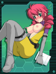 1girls blush bodysuit boots breasts computer feldt_grace female gloves green_eyes gundam gundam_00 kakogawa_tarou laptop nipples open_clothes open_shirt pink_hair shirt skin_tight solo thigh_boots thighhighs tied_hair twintails