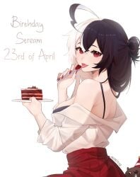 1girl :p ahoge antenna_hair bangs bare_shoulders black_bra black_hair blush bra breasts brown_hair cake character_name dated diagonal_stripes double_bun female food fork hair_between_eyes happy_birthday holding holding_fork licking long_hair long_sleeves looking_at_viewer looking_back medium_breasts mixed_hair_color momotexx_(artist) momotexx_(vtuber) multicolored_hair off_shoulder one_side_up plate red_eyes red_skirt shirt skirt smile solo strawberry striped striped_background tail tongue tongue_out two-tone_hair underwear vertical_stripes virtual_youtuber vtuber vyugen white_background white_hair white_shirt wolf_ears wolf_girl