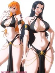 2girls big_breasts black_dress breasts busty cleavage curvy dress duplicate female female_only lowres midriff nami nami_(one_piece) nico_robin one_piece opalisart post-timeskip skimpy skimpy_clothes thick_thighs third-party_edit