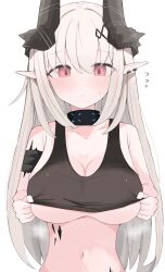 2024 arknights black_horns blush breasts closed_mouth ear_piercing female flying_sweatdrops grey_hair hi_res horns infection_monitor_(arknights) large_breasts lifted_by_self long_hair material_growth midriff mudrock_(arknights) navel nui_(nuinui0300) oripathy_lesion_(arknights) piercing pink_eyes pointy_ears simple_background solo sweatdrop upper_body white_background