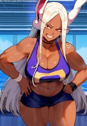 1girls 2d abs ai_assisted ai_generated animal_ears artist_name bare_arms bare_shoulders bare_thighs choker cleavage color cowboy_shot crop_top dark-skinned_female dark_skin erotic_nansensu female female_only grin gym_uniform hands_on_hips hourglass_figure indoors large_breasts long_hair looking_at_viewer midriff miruko muscular muscular_female my_hero_academia navel parted_bangs patreon_username rabbit_ears rabbit_girl red_eyes rumi_usagiyama short_shorts solo sports_bra sportswear straight_hair sweat sweatband teeth thick_thighs twitter_link url white_hair