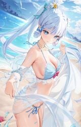 1girls 2d 2d_(artwork) alternate_costume beach bikini blue_bikini blue_eyes blue_hair cleavage clouds day female female_focus female_only flower_in_hair flowers genshin_impact highres houk1se1 hourglass_figure hoyoverse kamisato_ayaka light-skinned_female light_skin long_hair long_ponytail looking_at_viewer medium_breasts mountains ocean ponytail ribbon_in_hair ribbons sand seagulls side_view sky slim_figure smiling smiling_at_viewer solo solo_female standing summer swimsuit thong thong_bikini two_piece_swimsuit water younger_female