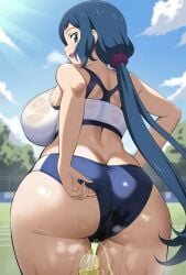 ai_generated bare_legs big_breasts big_butt blue_eyes blue_hair dat_ass fat_ass gigantic_ass golden_shower gundam_build_fighters gym_clothes gym_uniform huge_breasts huge_thighs in_search_of_holy_water iori_rinko light-skinned_female light_skin long_hair looking_back massive_ass massive_breasts mature_female milf peeing ponytail smiling solo_female squatting sweat sweatdrop thick_thighs thighs urinating urinating_female urination urine voluptuous voluptuous_female