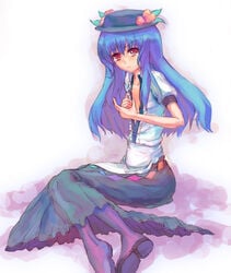 1girls blue_hair female flat_chest food fruit hat juuka@100neko long_hair peach_(fruit) ribbon ribbons solo tear tenshi_hinanawi touhou