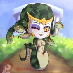 1girls breasts chibi chibi_style european_mythology greek_mythology green_skin medusa_(smite) mythology nude pussy smite solo takatiki wink winking_at_viewer