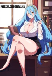 1girls ai_generated azura_(fire_emblem) big_breasts black_high_heels black_miniskirt blouse blouse_partially_removed blue_hair female fire_emblem fire_emblem_fates headwear high_heels holding_notepad holding_pen huge_breasts large_breasts legs_crossed long_hair looking_at_viewer matalica miniskirt nintendo novelai office office_desk office_lady pinup roleplay self_upload white_blouse yellow_eyes