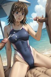 1girls 3boys ai_generated beach brown_hair cowgirl_position cum cum_on_body double_handjob group_sex initial_d kyoko_iwase looking_at_another medium_breasts nude_male one-piece_swimsuit purple_eyes