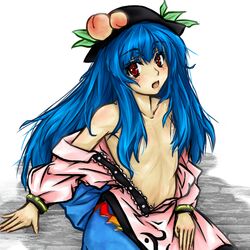 1girls blue_hair blush dress female flat_chest food fruit hat long_hair misogi open_clothes open_shirt peach_(fruit) red_eyes shirt solo tenshi_hinanawi topless touhou