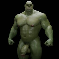 1:1 3d_(artwork) balls digital_media_(artwork) fangs genitals green_body green_skin hi_res humanoid humanoid_pointy_ears male male_only musclegut muscular muscular_humanoid muscular_male nipples not_furry orc orc_male pecs penis solo teeth vein veiny_penis voluox