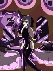 black_eyes femboy femboy_only latex latex_bodysuit latex_gloves latex_thighhighs magic_portal magic_user pale-skinned_femboy pale_skin purple_hair tentacle tentacle_penetration