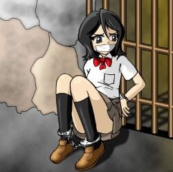 1girls black_hair bleach bondage d-mizton female female_only gag gagged grey_eyes handcuffed handcuffs_on_ankles hands_behind_back kuchiki_rukia sitting solo tape_gag