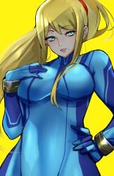 1340smile blonde_hair blue_eyes breasts female female_only metroid samus_aran solo zero_suit zero_suit_samus