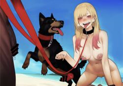 1boy 1dog 1girls black_cock blonde_hair canine censored cthulhu_chan dripping dripping_pussy exhibitionism kitagawa_marin leash male penis petplay pubes sono_bisque_doll_wa_koi_wo_suru zoophilia