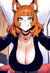 :3 ai_generated animal_ears arcadiasofka bedroom bent_over black_top freckles gigantic_breasts green_eyes hanging_breasts jingle_bell looking_at_viewer medium_hair orange_hair original_character smile