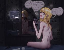 :d absurdres ass back blonde_girl_(popopoka) blonde_hair blue_eyes blush breasts can commentary completely_nude desk english_commentary english_text female female_masturbation highres hitachi_magic_wand keyboard_(computer) long_hair looking_at_viewer masturbation monitor monster_energy mouse_(computer) navel nipples nude original photo_(object) popopoka reflection scar sex_toy sitting small_breasts smile spread_legs sweat vibrator