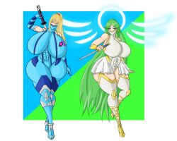 2girls abs alternate_costume blonde_hair blue_eyes f_e_ female female_focus female_only green_eyes green_hair huge_breasts katana kid_icarus large_ass large_thighs mask masked masked_female metroid nintendo palutena samus_aran skirt sword taimanin_(series) taimanin_suit zero_suit