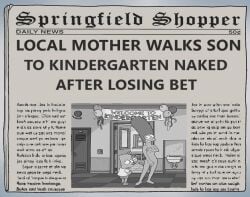 20th_century_fox 20th_century_studios accurate_art_style bart_simpson beehive_hairdo black_and_white_background classroom humiliation kindergarten lost_bet marge_simpson matt_groening_(style) mother mother_and_son newspaper public public_exposure public_humiliation public_indecency public_nudity school schoolboy son the_simpsons yellow_body yellow_skin