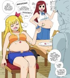 2girls belch big_belly bloated_belly blonde_hair blush brown_eyes burping closed_eyes clothed clothing color crumbs dialogue dr-worm erza_scarlet fairy_tail female gassy indigestion lewdlemage long_hair lucy_heartfilia moaning natsu_dragneel nausea navel overeating overstuffed potbelly red_hair stuffing text uncomfortable wardrobe_malfunction