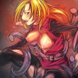 blonde_hair blush breasts breasts_out castlevania clothed_sex clothing female long_hair open_mouth penetration penis_tentacles pussy restrained sex tentacle torn_clothes vaginal_penetration yoko_belnades