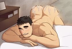 1boy after_sex ass bara black_hair blush completely_nude cum cum_on_ass facial_hair goatee_stubble highres huge_eyebrows implied_yaoi looking_at_viewer lying male_focus male_only mature_male muscular muscular_male naughty_face nude on_stomach presenting presenting_ass second-party_source senpai_ga_uzai_kouhai_no_hanashi short_hair sideburns solo stubble takeda_harumi_(shiromanta) thick_eyebrows top-down_bottom-up vvulfbara