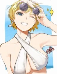 adjusting_eyewear artist_request blonde_hair blue_eyes breasts dated earrings female hand_on_eyewear izumo_tenka jewelry large_breasts looking_at_viewer mato_seihei_no_slave one_eye_closed saikiseiya signature single_earring smile solo sunglasses sunglasses_on_head