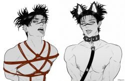 1boy artist_name black_and_white cat_ears choso_kamo drooling ear_piercing goomiato jujutsu_kaisen lean_muscle leash_and_collar male male_only muscular nipple_piercing piercing rope_bondage saliva_string solo tongue_out tongue_piercing