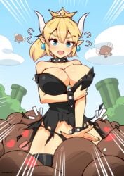 1girls 2021 big_breasts black_nails blonde_hair blue_eyes bowsette cleavage goomba horns huge_breasts mario_(series) new_super_mario_bros._u_deluxe nintendo outdoors panties paragoomba super_mario_bros. tagme torn_clothes virus-g