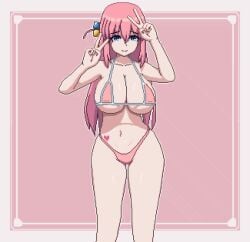 animated bocchi_the_rock! bouncing_breasts dancing double_peace_sign gotou_hitori heart heart_tattoo large_breasts micro_bikini nervous_smile peace_sign pixel_animation pixel_art seiko093 shaking smile v