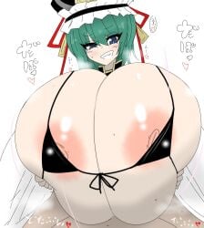 1boy 1girls alternate_breast_size areolae big_breasts bikini bikini_top bimbo blue_eyes blush breast_grab breast_hold breasts breasts_out color eiki_shiki engulfing_paizuri female gigantic_breasts green_hair happy happy_paizuri happy_sex hat heart huge_breasts hyper_breasts japanese_text large_breasts looking_at_viewer male massive_breasts nipple_slip nipples open_clothes paizuri paizuri_lead_by_female paizuri_on_lap pov_eye_contact pov_paizuri shiny_skin smile smug straight sweat swimsuit team_shanghai_alice text touhou vaba